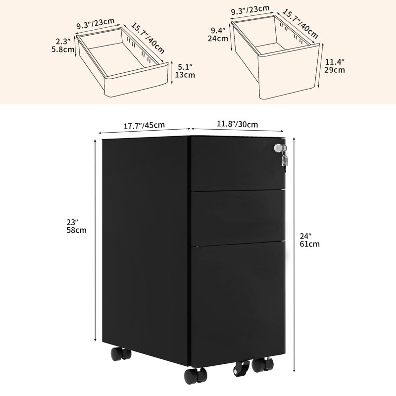 3 Drawer Filing Cabinet, Black