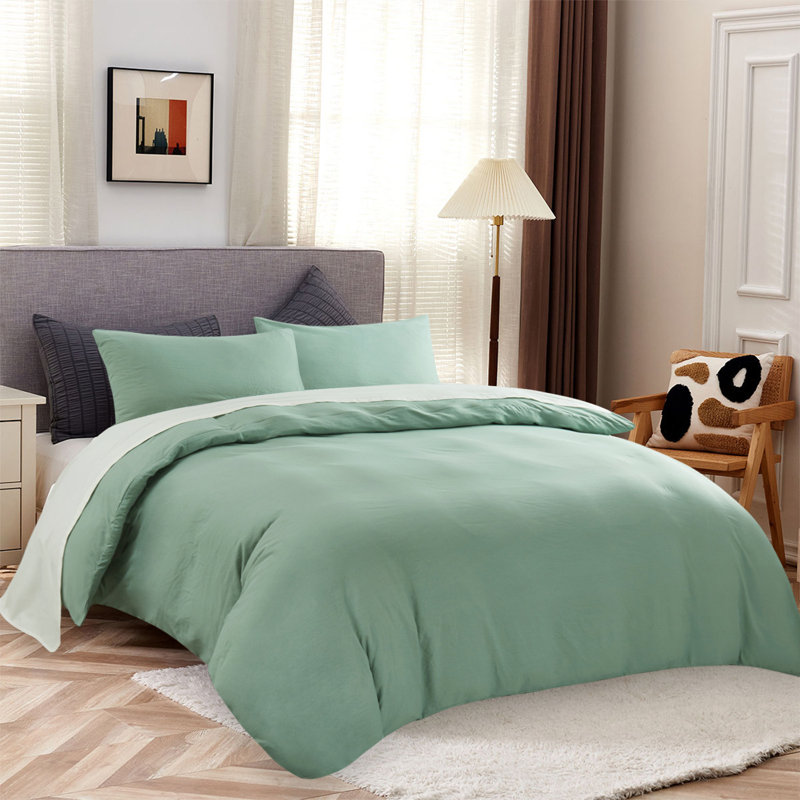 Housse de couette en microfibre , Housse de couette grand et 2 taies d'oreiller stan, Vert sauge
