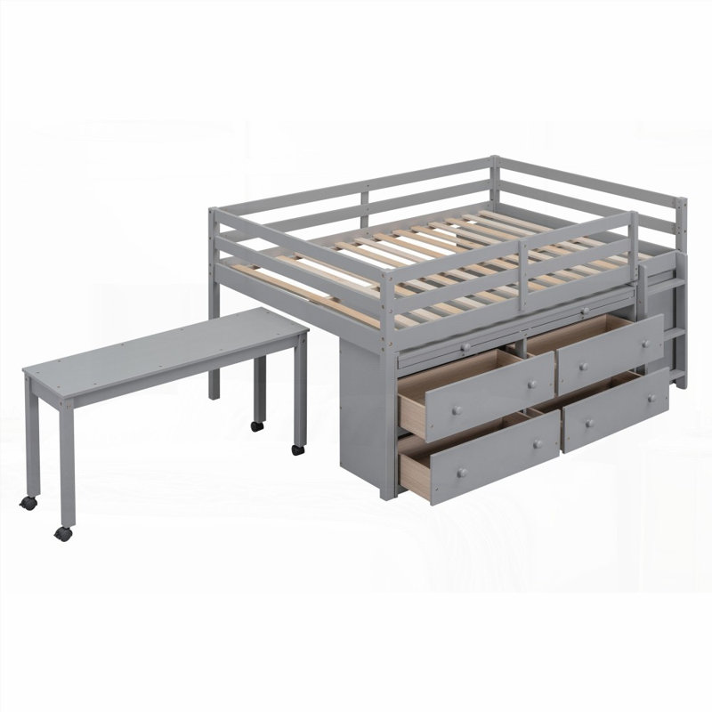 Lit mezzanine double avec bureau rétractable 4 tiroirs, fabrication en bois massif, gris