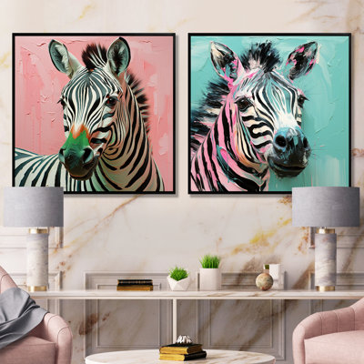 Pink And Green Boho Zebra I - Zebra Canvas Prints Set Of 2