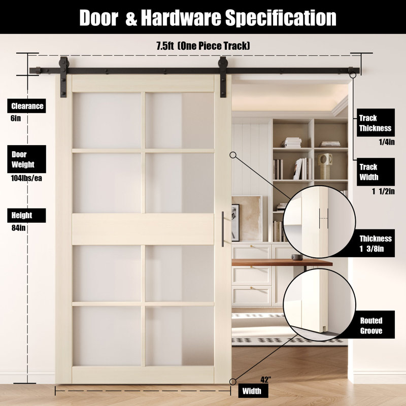 Porte de grange en verre non assemblé et fini de 42 po x 84 po avec ensemble de quincaillerie 42 po x 84 po Homacer Tinsmith de Homacer, utilisation intérieure seulement