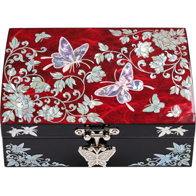 Handmade Mother Of Pearl Jewelry Box With Butterfly Floral Design - Lacquered Gloss Finish For Rings And Earrings