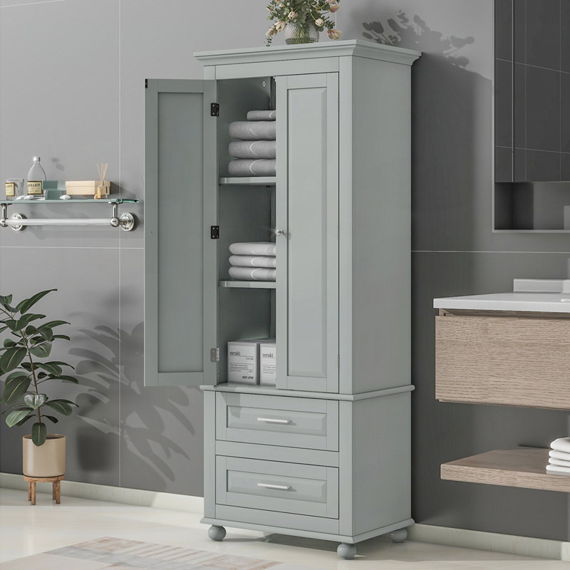Tall Storage Cabinet with Two Drawers for Bathroom, Waterproof and Durable with Adjustable Shelves, Gray