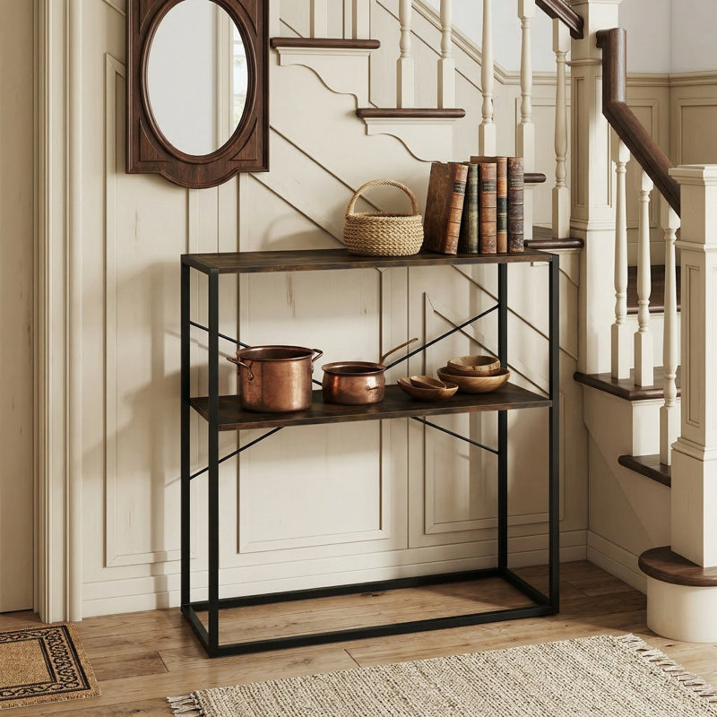 36 Inch 2 Tier Entryway Console Table With Metal Frame And Wooden Open Shelves For Hallway Living Room Foyer, Brown/Black