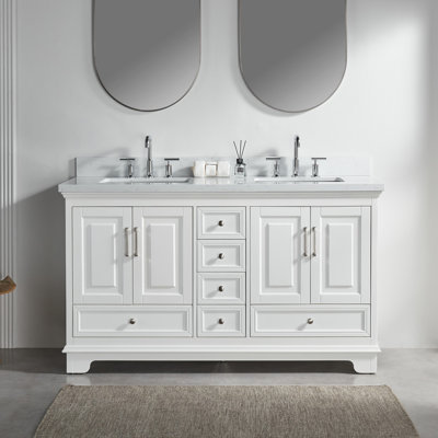 Meuble-lavabo double autoportant de 60 po avec pierre artificielle entièrement assemblé