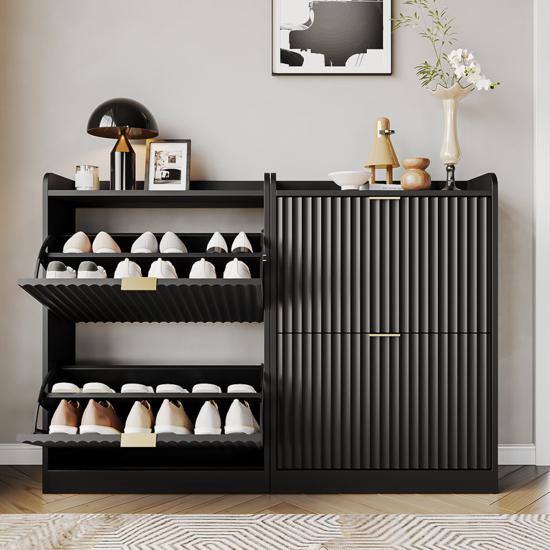 Alma 12 Pair Shoe Cabinet With 2 Flip Drawers, 4-Tier Shoe Organizer With Adjustable Shelves, Black