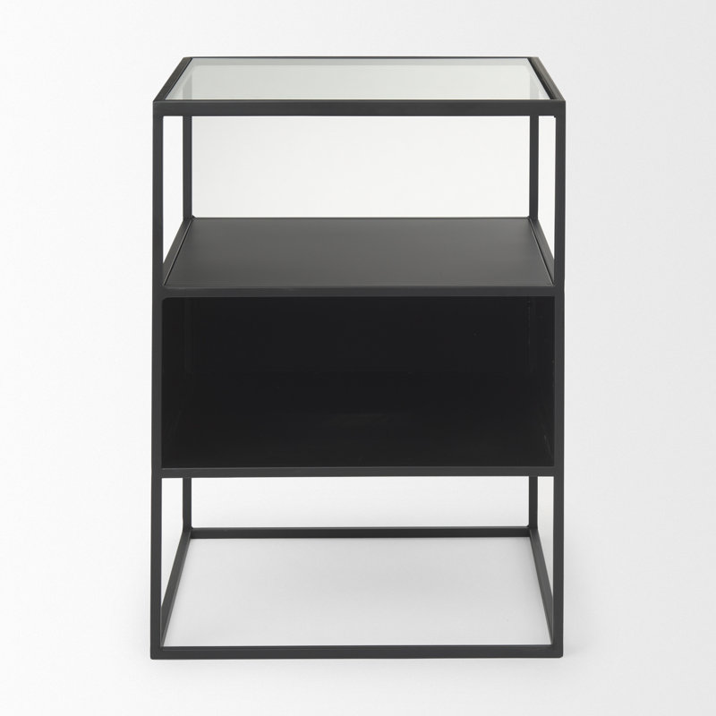 Table de bout carrée en métal et verre transparent et noir 21 po avec deux tablettes