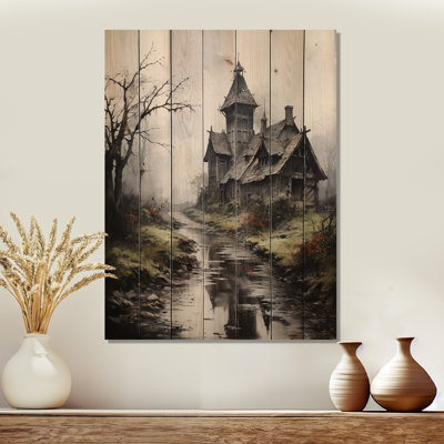 Haunted House In Mystic Landscape - Landscape On Wood Print