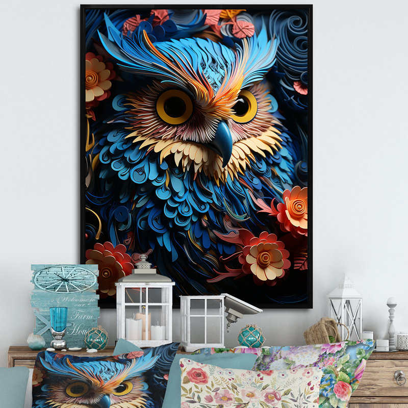 Mysterious Owl Blooms I sur impression sur toile, Cadre flottant noir, H 32 po x l 16 po x P 1 po