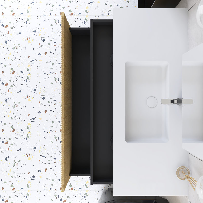 Ensemble de meuble-lavabo mural simple 48 po en chêne avec plateau en résine intégré blanc