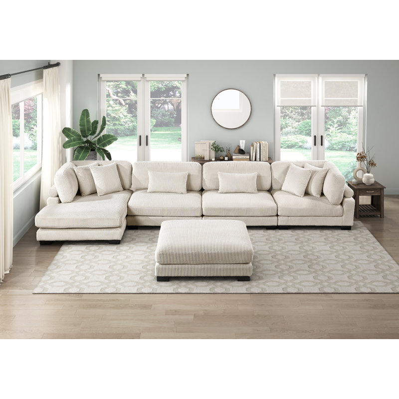Canapé modulaire 5 pièces avec méridienne réversible et repose-pieds Olsen, Beige Corduroy, H 34,5 po x l 180 po x P 90 po