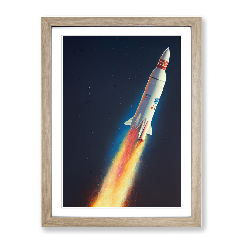 Animated Spaceship Rocket - Single Picture Frame Print, 46cm H x 34cm W x 2cm D, Oak