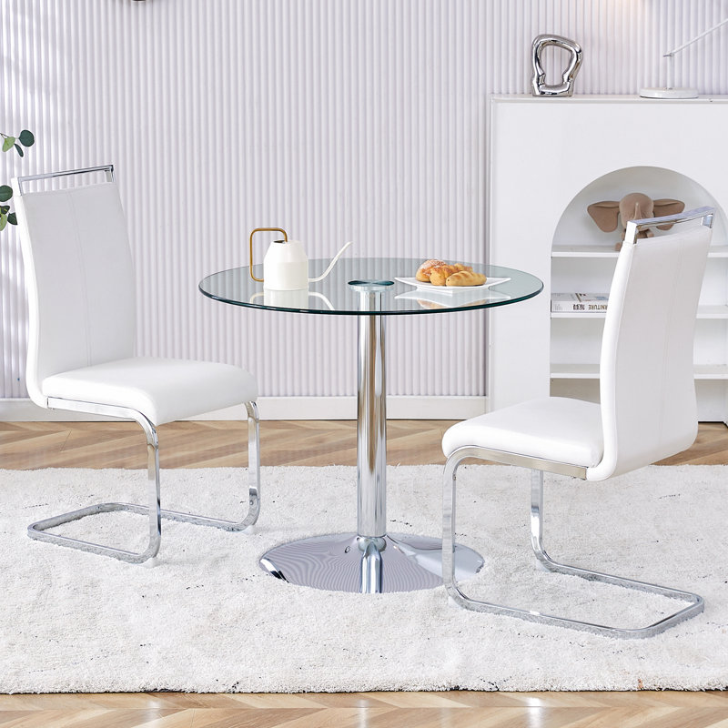Ensemble de table et de chaises: table de salle à manger ronde en verre de 35 po avec base argentée et 2 chaises en polyuréthane blanches, pieds en métal