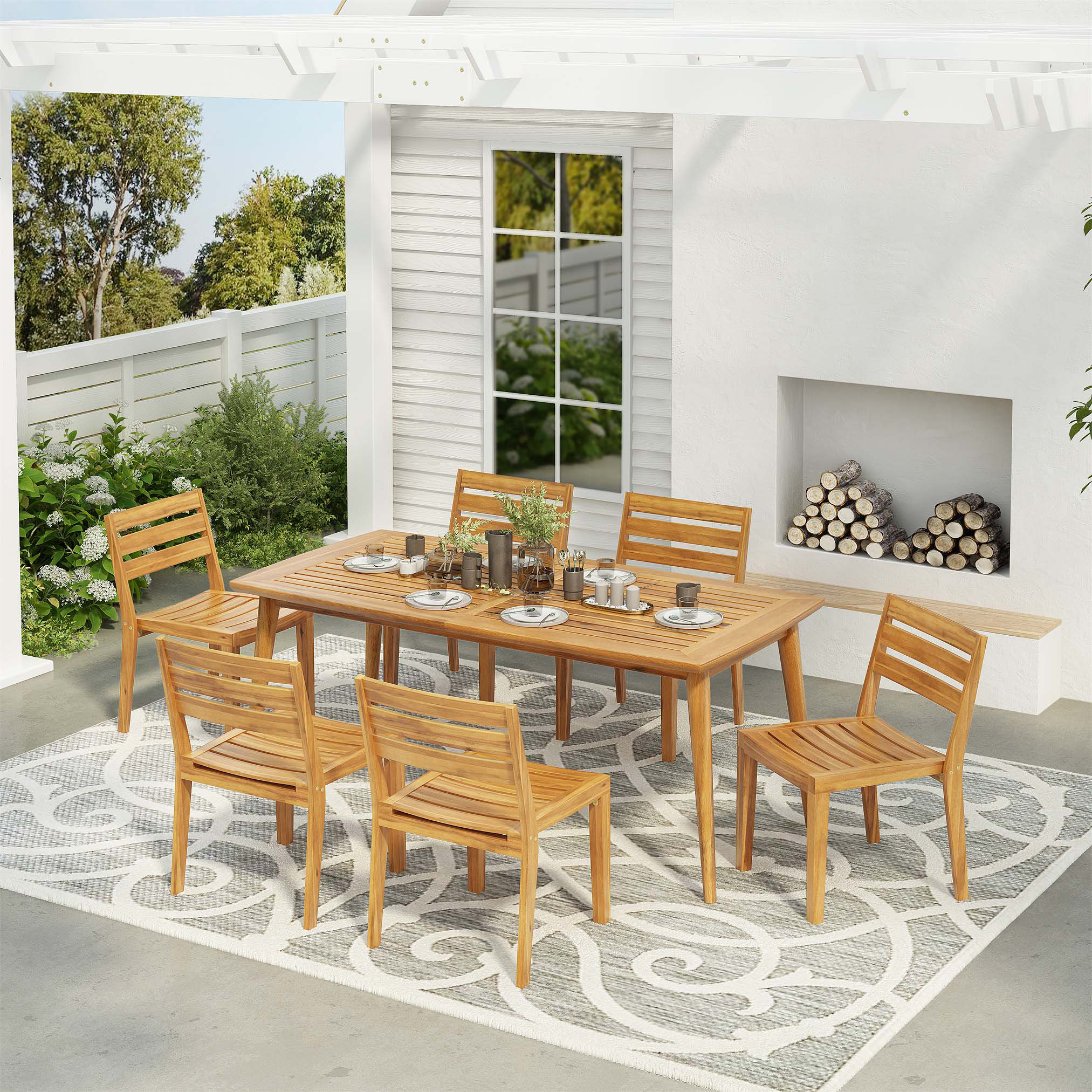 Hokku Designs Outdoor 7-Piece Rustic Acacia Wood Dining Set with Teak ...