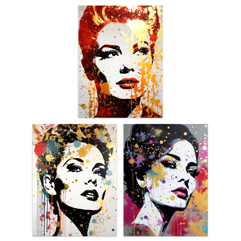 Glam Glitter Aesthetic Women Portraits Gold Red Teal Retro 3 Piece Wall Art, 29.7cm H x 21cm W x 0.4cm D