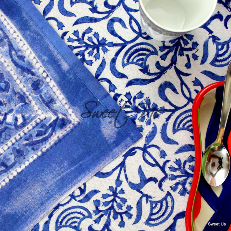 Cotton Block Print Floral Tablecloth Rectangle Blue White, 106'' x 88"