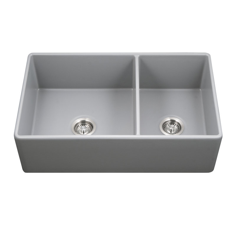 Houzer 33 in Fireclay Apron Front 60/40 Double Small Right Sink w/ Strainer,Grids, Gray