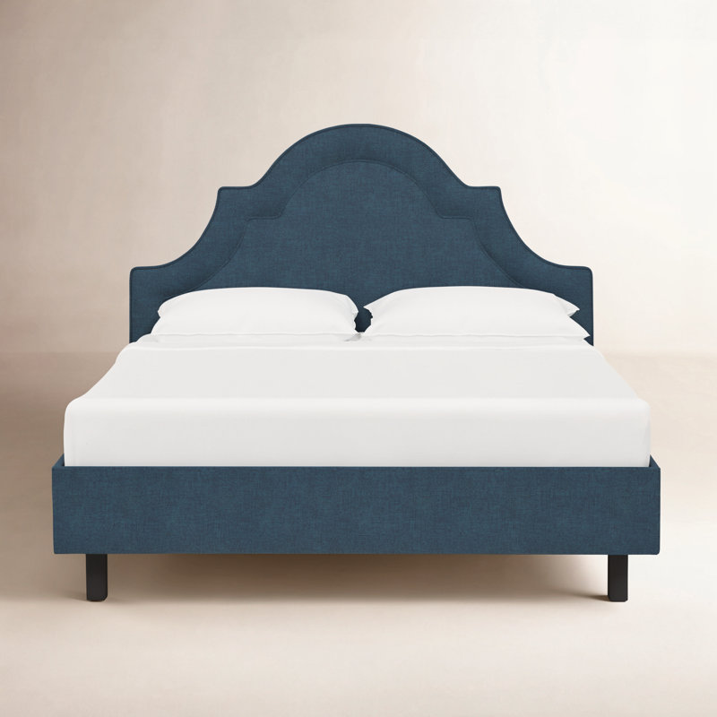 Knipe Upholstered Unfinished Scalloped Bed, Zuma Navy Textured Linen, Queen