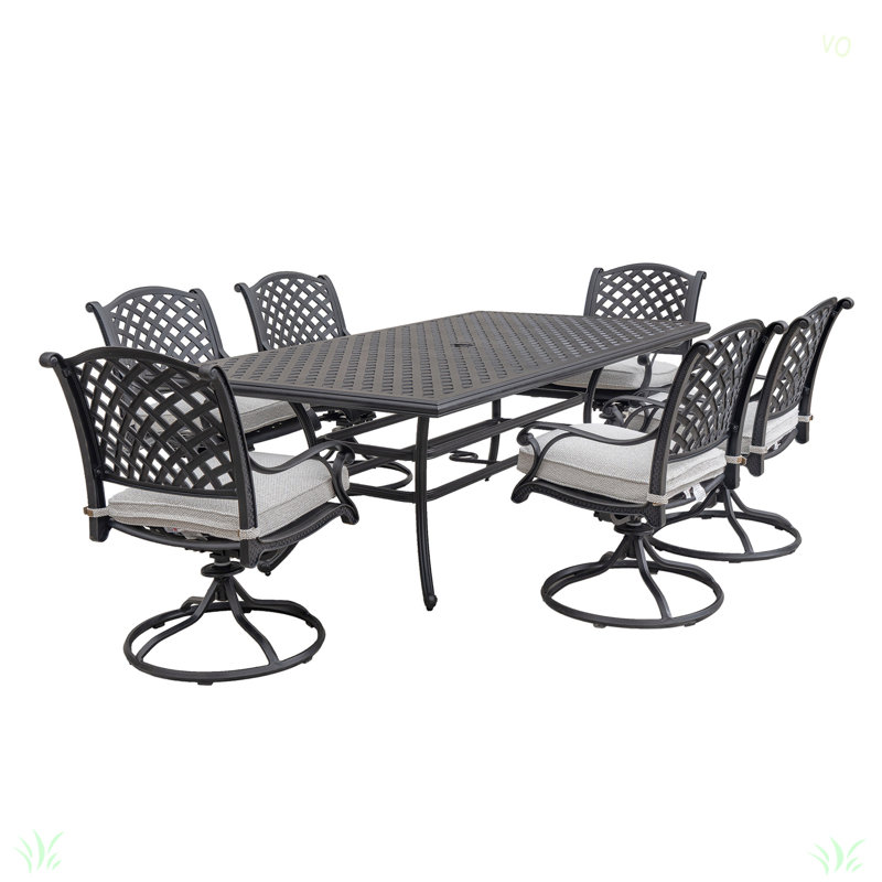 Ensemble repas d'extérieur en aluminium avec coussin, H 36,04 po x l 94,09 po x L 131,93 po, Gris antique