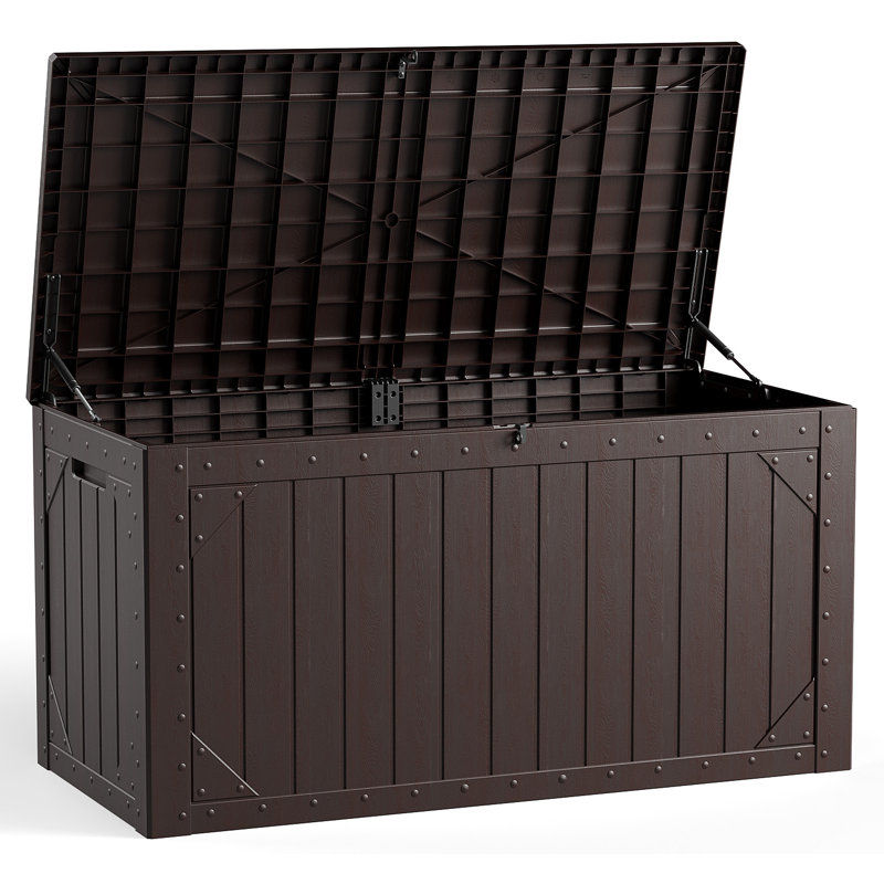 Coffre de terrasse en bois verrouillable 109 gallons avec panneaux aspect bois et couvercle, Brown