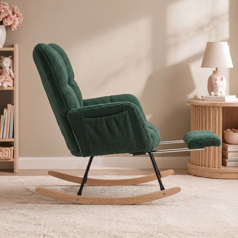 Chaise berçante moderne en sherpa avec repose-pieds rétractable et dossier haut, Vert émeraude