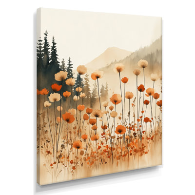 Art mural fleurs sauvages, décor floral orange, cèdre