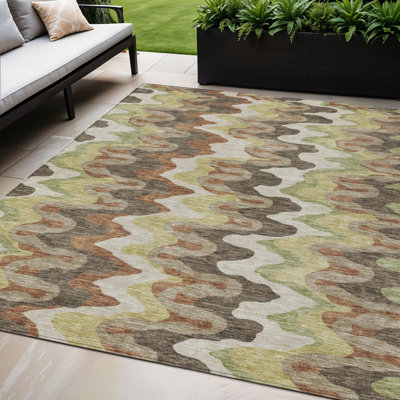 Tapis extérieur lavable abstrait cuivré 5 pi x 8 pi vert chocolat et artichaut