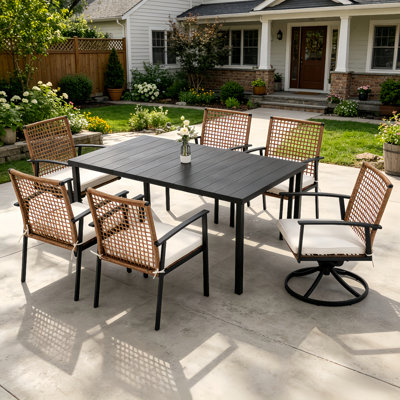  7-piece Wicker Patio Dining Set With Cushions, 6 Chairs (2 Of Them Swivel) & Outdoor Table With Umbrella Hole
