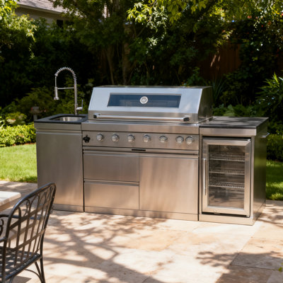 Îlot de barbecue au gaz à 6 brûleurs de 85 000 BTU avec évier, refroidisseur à vin, rôtissoire et comptoir en granit - Acier inoxydable