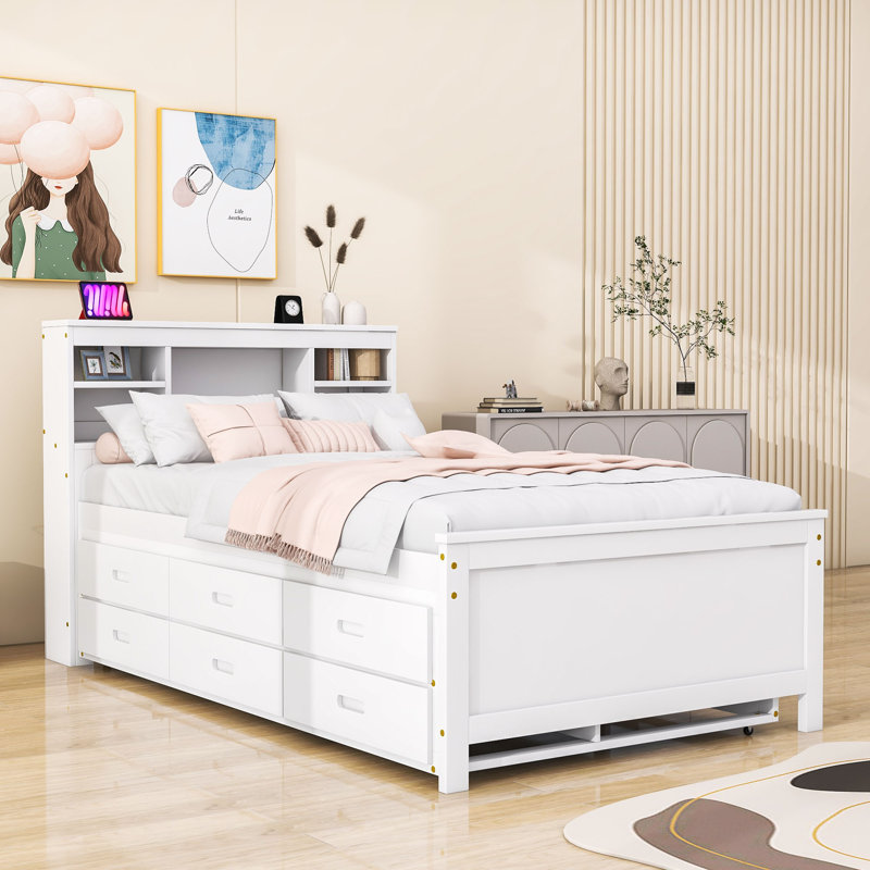 Lit plateforme en bois Brinna avec 3 tiroirs, tête de lit, gigogne simple et ports USB, Simple, Blanc