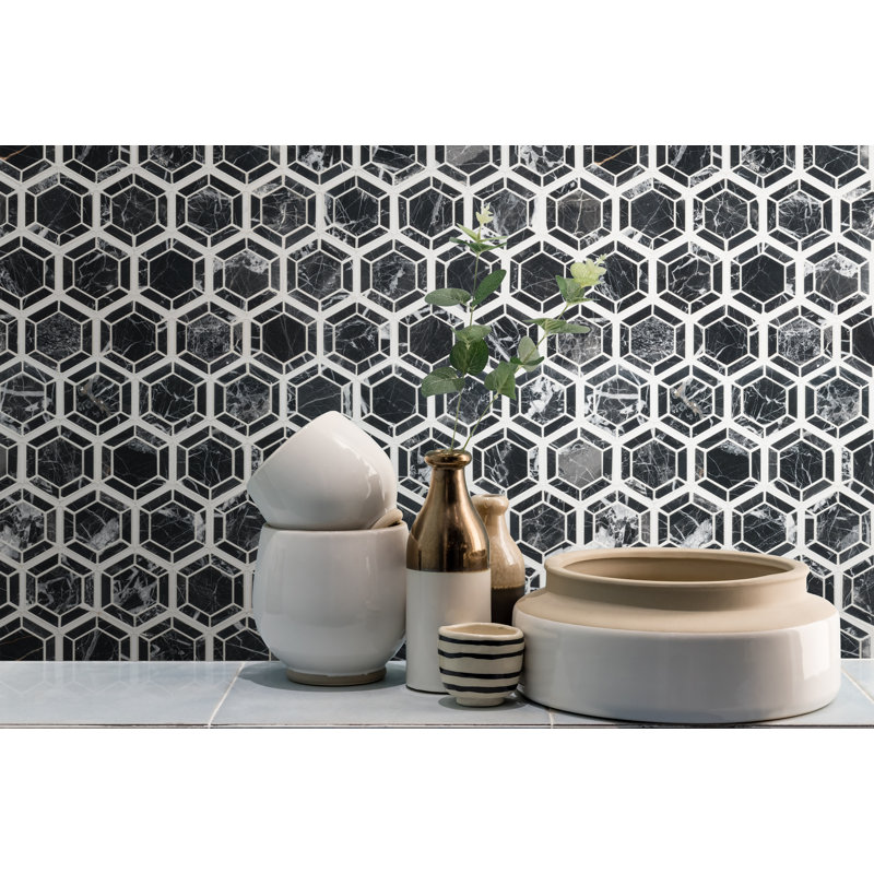 Noir Hexagon 12 in. x 13 in. Polished Marble Mosaic Floor and Wall Tile, Noir