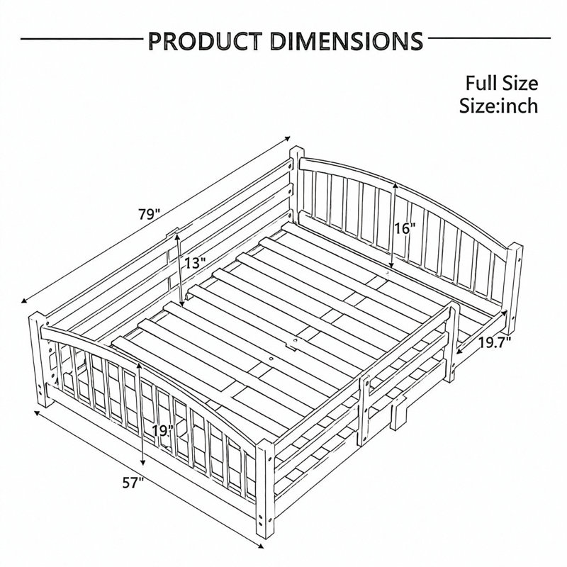 Full Montessori Platform Bed with Slats and Safety Guardrails, Solid Wood Floor Bed with Fence and Without Door, Easy Assemble Montessori Bed, White