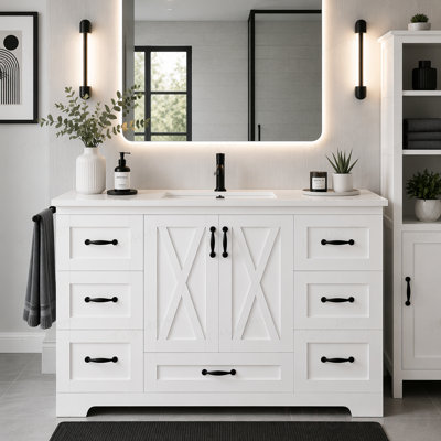 Meuble-lavabo de 48 po avec lavabo, armoire de ferme sur pied en céramique avec dosseret en céramique, dosseret, 6 tiroirs de rangement, tablettes réglables, rangement pour porte et barre à serviettes latérale