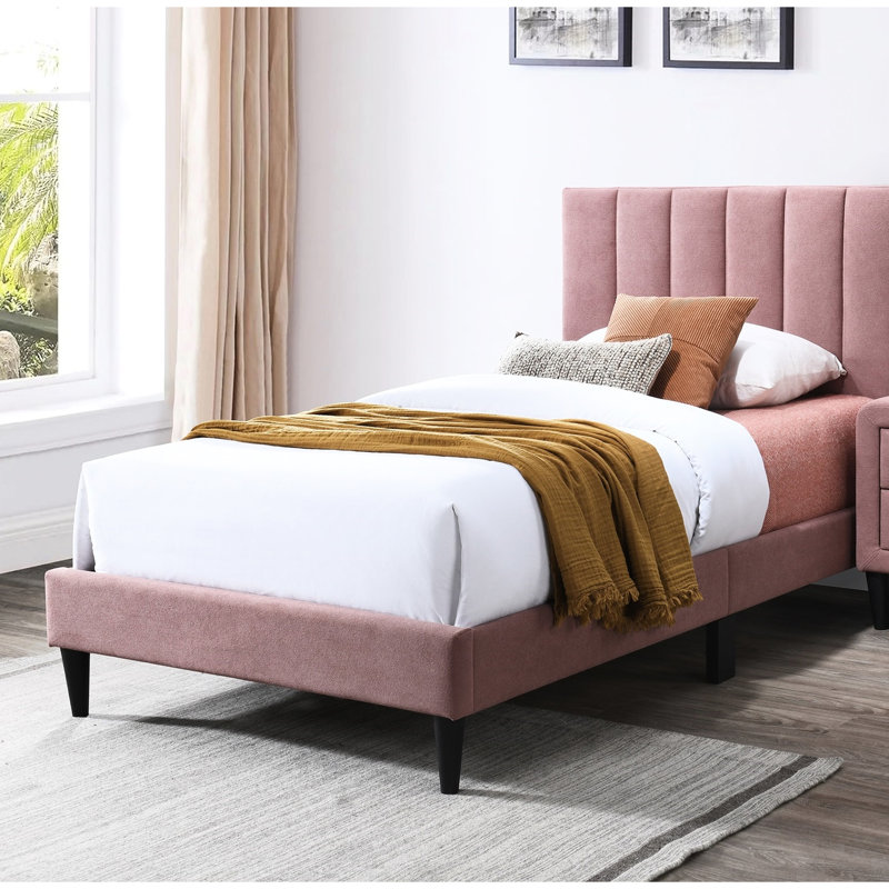 Tête de lit ajustable avec lit simple rose Modern, pieds de support centraux, tissu en lin, 12 lattes de soutien, sans sommier, hauteur de lit de 44 à 44 po