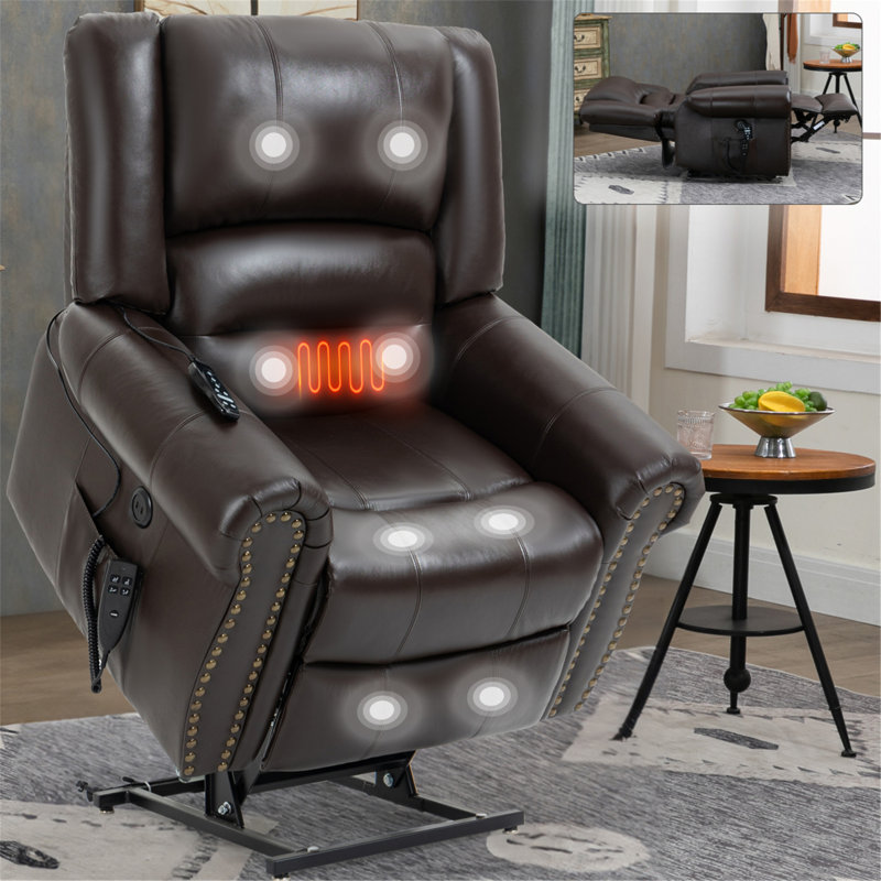Power Lift Recliner Chair Heat Massage Dual Motor Infinite Position Up To 350 LBS, Genuine Leather, Heavy Duty Motion Mechanism With USB Ports
