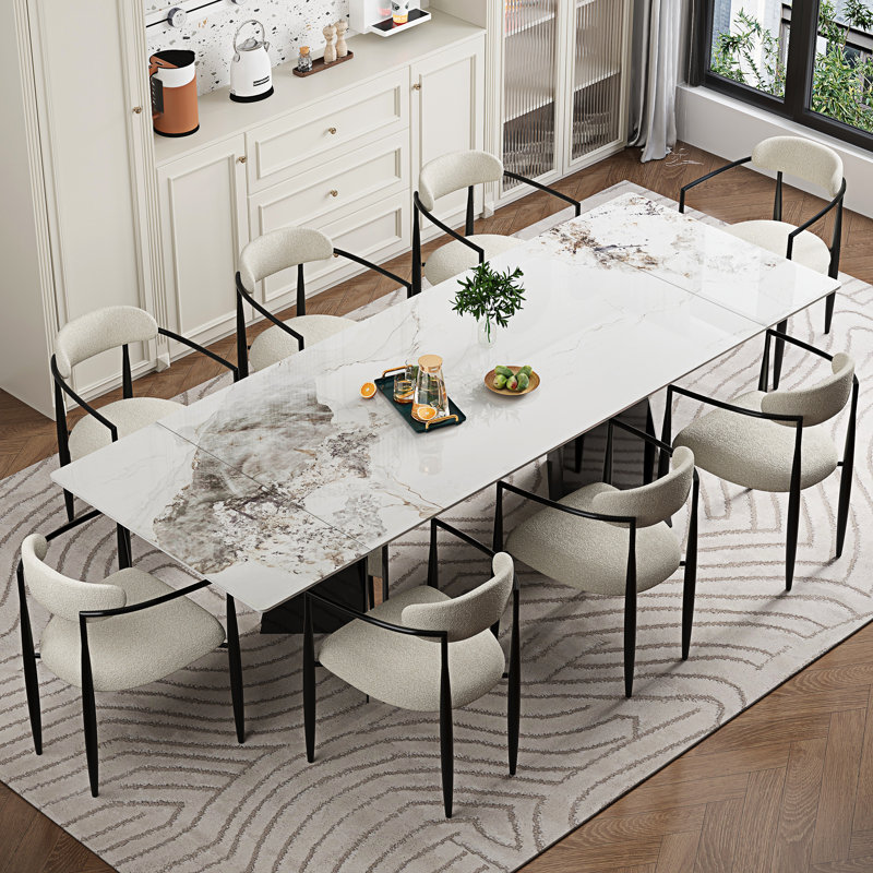 Modern Dining Table Set For 8-10 With 94.5'' Extendable Sintered Stone Dining Table And 8 Fabric Upholstered Arm Chairs