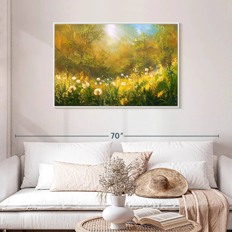 Champ de pissenlits, Cadre flottant blanc, 43 po x 29 po