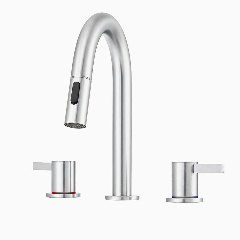 Robinet espacé à deux poignées, trois trous, douchette rotative rétractable, avec bonde escamotable, Brushed Nickel