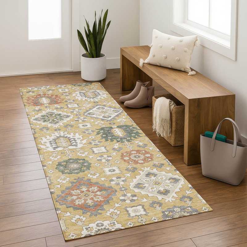 Premium Machine Washable Mayfield AMF2200 bohemian Rug, Gold, 2'3" x 7'6" Runner