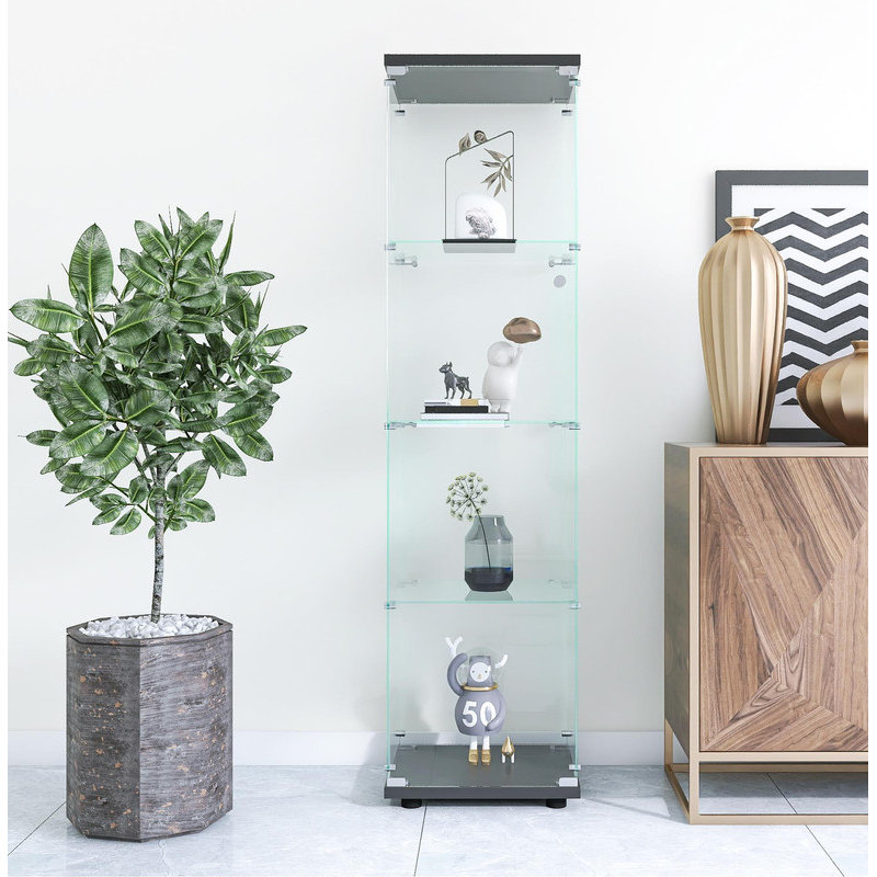 Black Glass Display Cabinet - 4 Shelves, 64.7" Height, Floor Standing