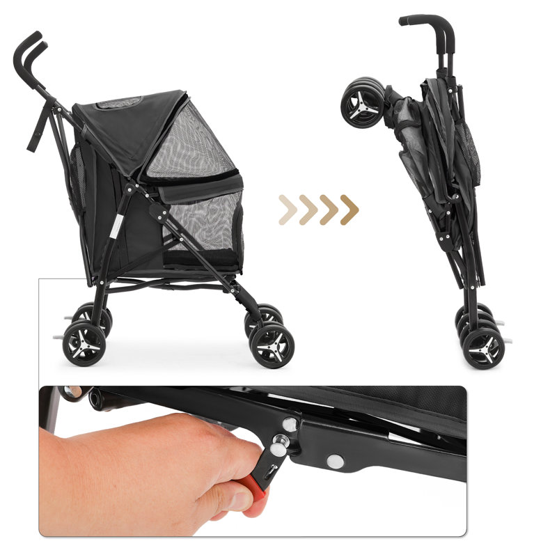 Black Steel Foldable Pet Stroller with Rubber Wheels