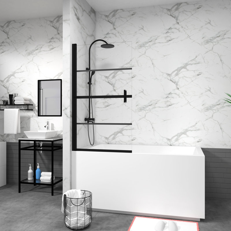 Porte de douche à pivot 180 ° 55 po x 31,5 po, noir, verre trempé avec panneau de baignoire d'aspect élégant 55 po x 31,5 po, attrait visuel séduisant