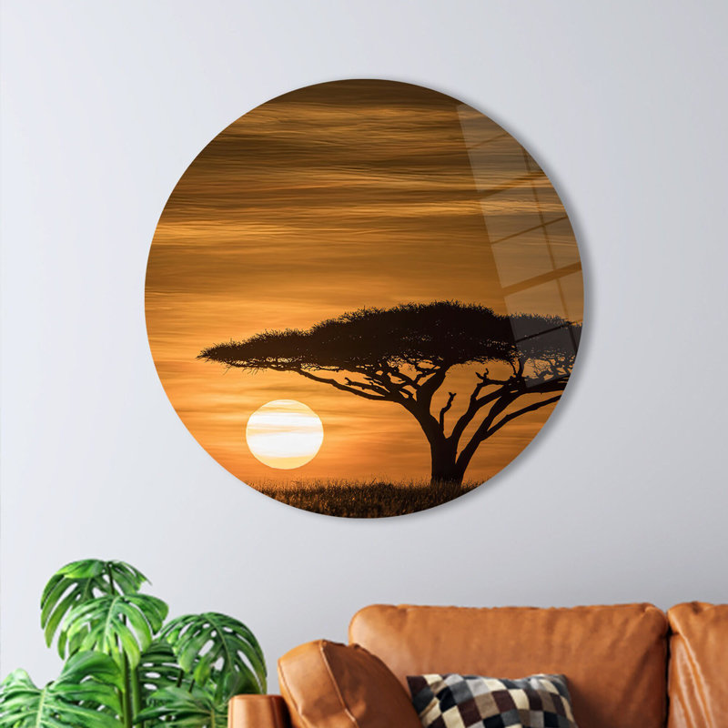 «Serengeti Sunrise Landscape Glass Art», présentant une vue africaine pour les thèmes de décoration murale et de paysage coucher de soleil