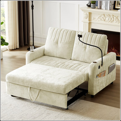 Canapé-lit moderne avec causeuse escamotable avec dossier réglable, porte-gobelets, support pour téléphone, ports de chargement et poches de rangement
