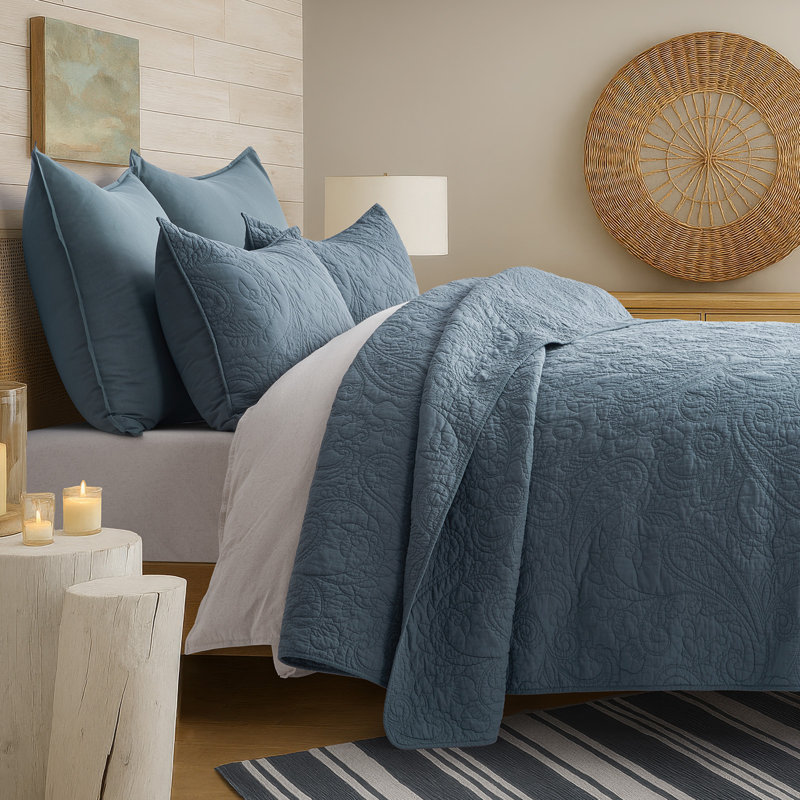 Paisley 100% Cotton Quilt Set 3 Pieces, Queen Quilt + 2 Standard Shams, Stormy Blue