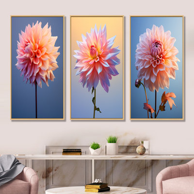 Coral And Blue Dahlia Dance - Dahlia Canvas Wall Art Set Of 4