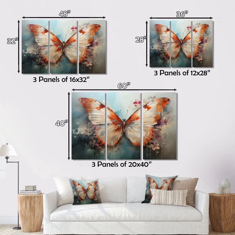 Papillon orange et blanc, vol de papillons II sur toile, 3 pièces, H 28 po x l 36 po x P 1 po