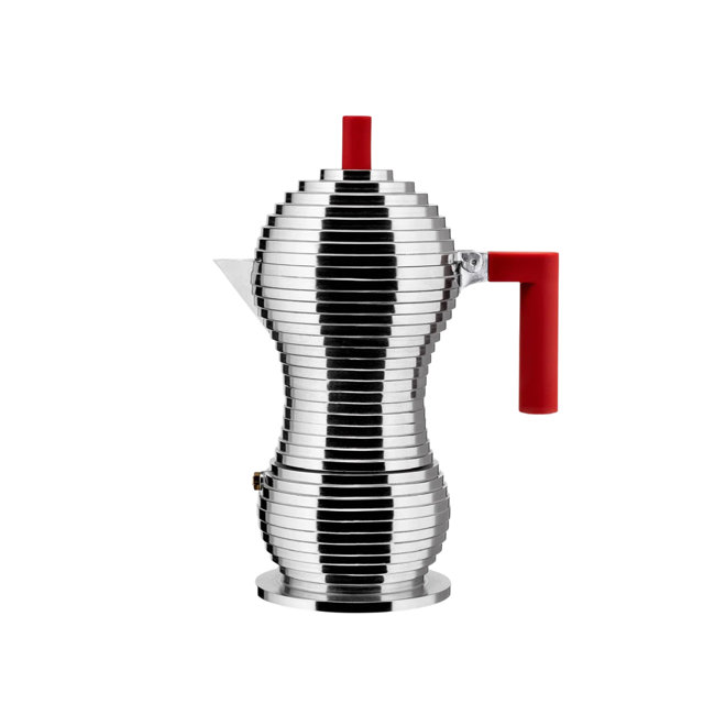 Modern stainless steel espresso maker with a ribbed, layered body and vibrant red handle and lid knob.