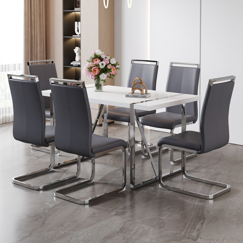 Soutor Luxe 7-Piece Modern Rectangular Manufactured Wood Dining Set with Geometric Metal Base and Faux Leather Chairs , 7