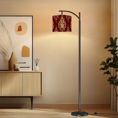 Lampe sur pied à arc avec abat-jour réglable orné de motifs damassés dorés à motif floral et bourgogne